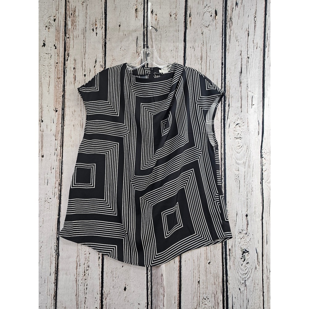 H&M Blouse Womens Large Black White Geometric Maze Print Cap Sleeve Drape Neck